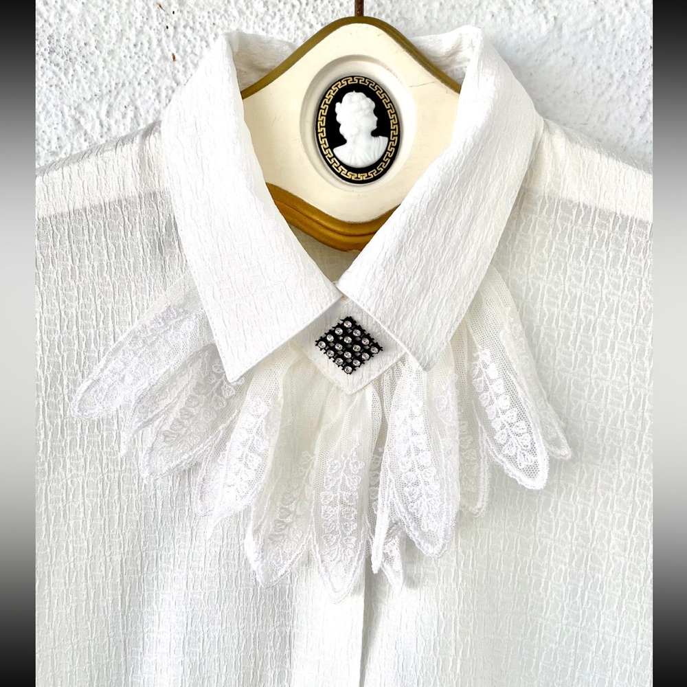 Vintage 80s Rhinestone White Ruffle Collared Shirt